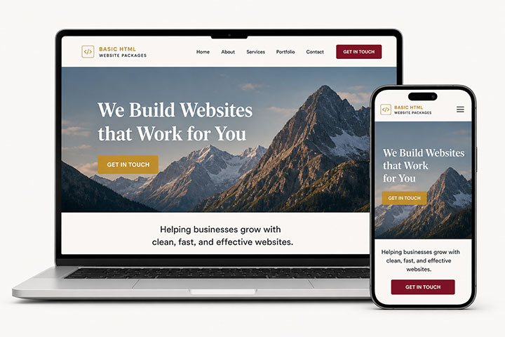 Responsive HTML website shown on a laptop and phone